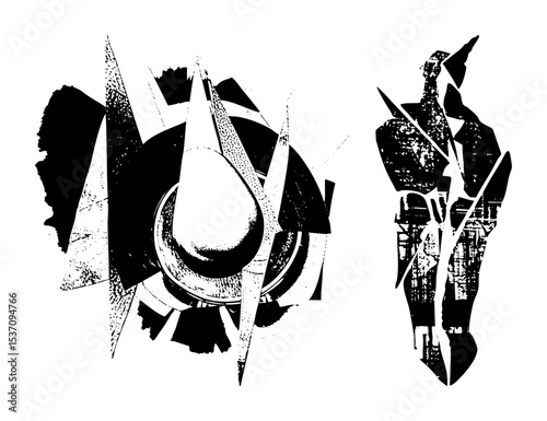 Vector Abstract figures composed of fragmented vector shapes create a dynamic composition.