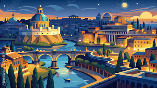 flying above Castel Sant'Angelo and San Pietro in Rome at night. Panoramic aerial view of the Tiber river, its bridges and St. Peter's, Vatican City. Center city of Roma, Italy in the