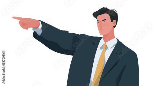 A vector illustration depicting a man in a dark suit and yellow tie, his arm extended, pointing with his index finger. The image is a close-up shot against a white background. The style is clean