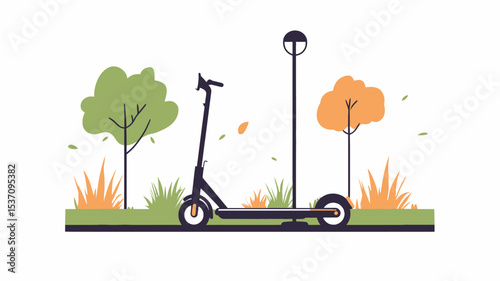 A digital illustration depicting a black electric scooter parked on a paved path. The scooter is centrally positioned and faces to the right.  The background includes stylized green and