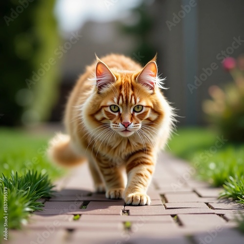 A majestic Maine Coon cat gracefully walks along a brick path, showcasing its fluffy fur and intense gaze as it explores the vibrant garden on a sunny day Generative AI photo