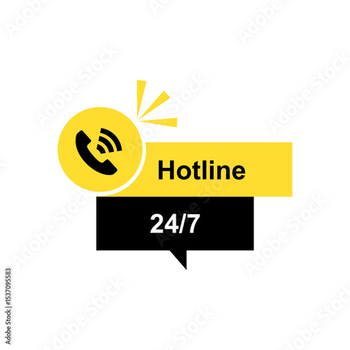 This modern vector illustration effectively communicates a 24/7 hotline support service. A bold yellow speech bubble with a black telephone icon and radiating lines immediately signifies communication