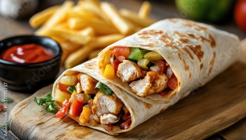 Savory chicken burrito with fries