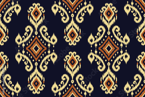 Traditional navy blue ikat floral pattern with damask and embroidery details, abstract ethnic seamless background illustration for fabric, clothing, decoration, and textured textile design.