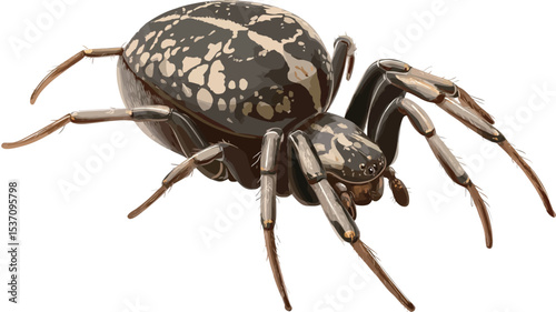 A detailed close-up photograph of a spider. The spider is predominantly black and white, with a mottled pattern on its abdomen. The image is sharply focused, revealing fine details of the spider's