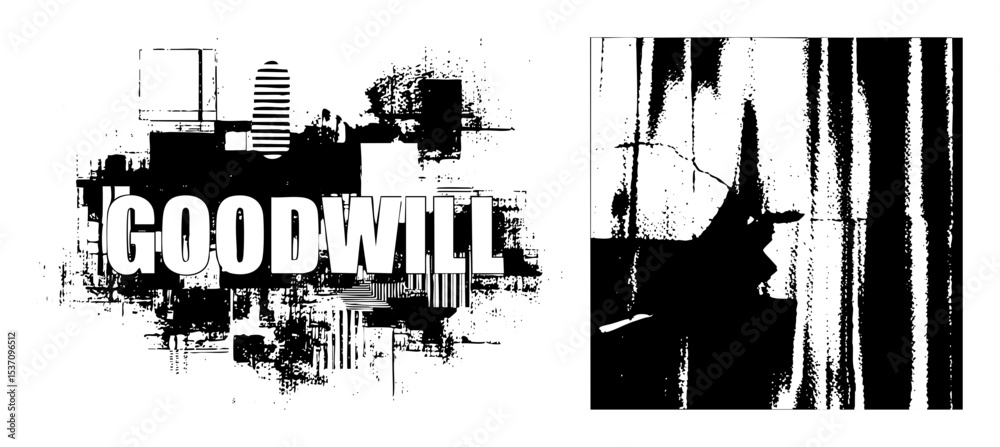 Obraz premium Vector Abstract typographic featuring bold GOODWILL text with distressed vector elements.