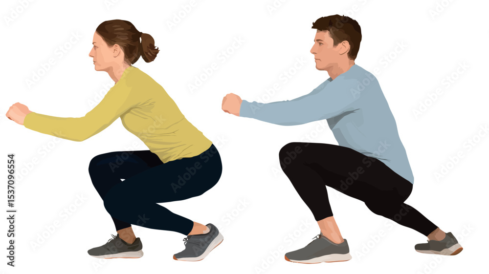 Obraz premium The image shows a man and a woman performing squats against a white background. Both individuals are wearing athletic apparel; the woman is wearing a yellow long-sleeved shirt and dark pants