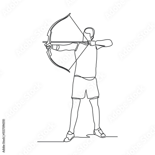 Continuous line drawing of male archery sport athlete or hunter holding archer arrow. Editable stroke sketch art vector illustration