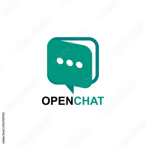 This modern vector logo, "OPENCHAT," ingeniously combines the imagery of an open book with a speech bubble, symbolizing open communication and knowledge exchange. The teal color of the main chat bubbl