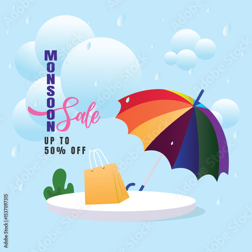 Great Monsoon Sale banner featuring rain, umbrella, podium, and clouds. Special discounts for online shopping. Perfect for promotional poster, banner, flyer, or card design