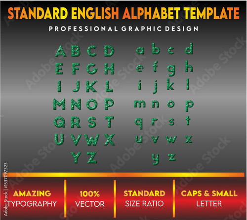 English Alphabet template with capital and small letters, standard vector letters, english letters for children's book and school, green letters 