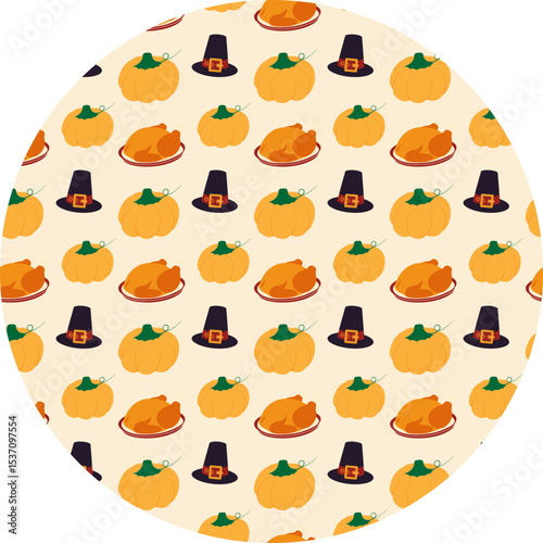 Hand drawn Fried Turkey on plate Orange Pumpkin and Pilgrim Hat Seamless Pattern on Circle Backdrop