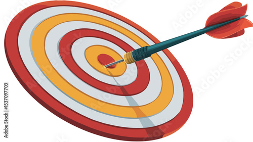 A digital illustration depicting a bullseye target with an arrow piercing the center. The target is composed of concentric circles in shades of red, white, and yellow. The arrow is teal with red