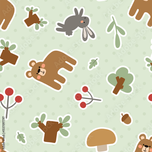 Cute hand-drawn teddy bears forest animals with bunny on a polka dot texture mint green background, berries, mushrooms, trees, leaves seamless woodland pattern.