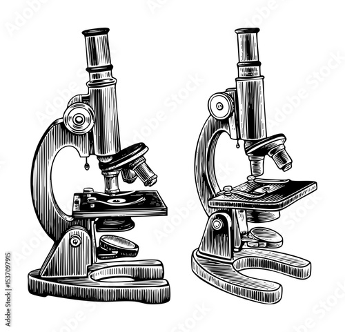 Vector Detailed illustrations of vintage microscopes showcase scientific equipment.