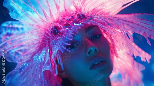 Mystical woman portrait with fantasy headdress in pink and blue light backdrop