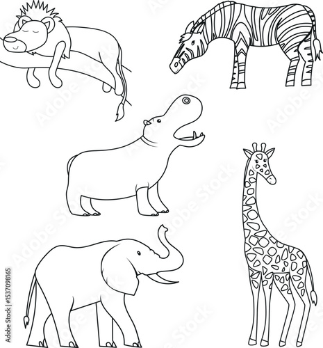 Vector with african animals set, black and white outline illustration.