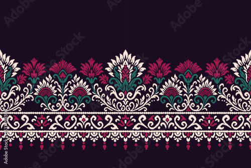 Elegant magenta and green ikat floral embroidery pattern with damask details, traditional ethnic seamless design illustration for fabric, clothing, texture, and decorative textile decoration.
