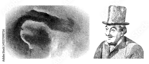 Vector Vintage illustrations depict a gentleman in a top hat and a profile portrait.