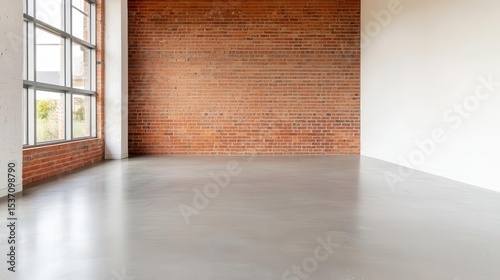 Open living area in warehouse loft with exposed brick and polished concrete floors
