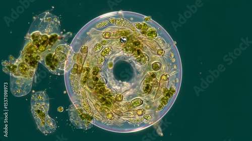 Microscopy: Rotifers (wheel animalcules) and colonial green algae (e.g., Volvox) in dynamic spiral. Active aquatic microorganisms, detailed view, phase contrast.