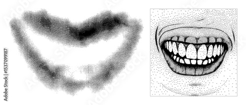 Vector Detailed facial features of an eye and grinning mouth.