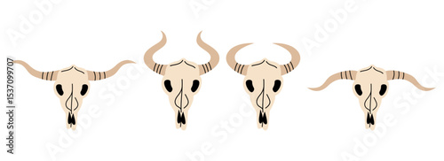 Wild West set. Collection of groovy cute funky hippie boho illustration elements of cow skulls. Western stickers