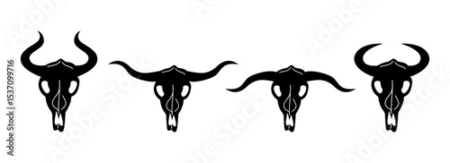 Wild West set. Collection of groovy cute funky hippie boho illustration elements of cow skulls black silhouettes. Western stickers