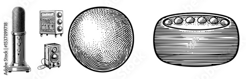 Vector Vintage audio equipment and musical instruments vector .