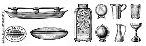 Vector Vintage tableware collection featuring ornate vessels and a coastal emblem.