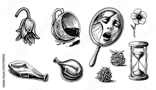 Vector Melancholy Still Life with Crying Face Hourglass and Botanical Elements