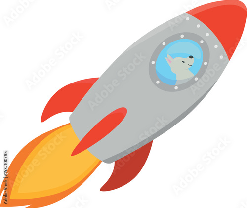 Cartoon Dog Astronaut In Old Style Spaceship, vector illustration isolated on white background