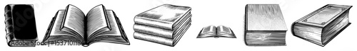 Vector Detailed illustrations of open and closed books in vintage style.