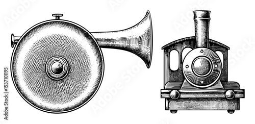 Vector Vintage communication devices featuring a horn and early camera .