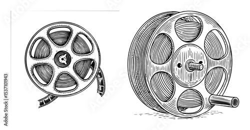 Vector Detailed film reels with vintage aesthetic.