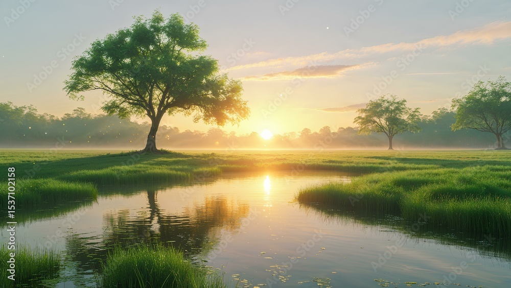 Obraz premium Peaceful spiritual landscape at sunset — green meadow with soft golden light, still waters reflecting the sky, 