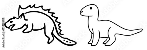Vector Two playful dinosaurs a spiky herbivore and a long-necked friend are illustrated in a simple vector style.