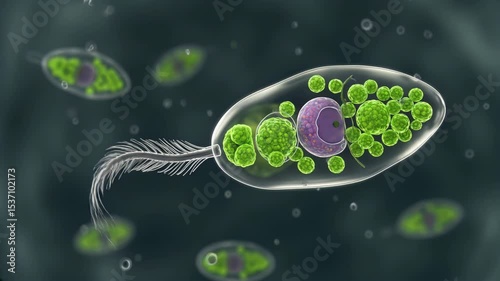 3D animation: Euglena cell Green flagellated  swims. Glowing cell with chloroplasts, nucleus, in blue-teal aquatic environment with bubbles. Science, biology photo