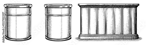 Vector Detailed cylindrical containers with textured surfaces.