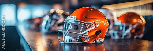 Orange football helmets on a dark surface