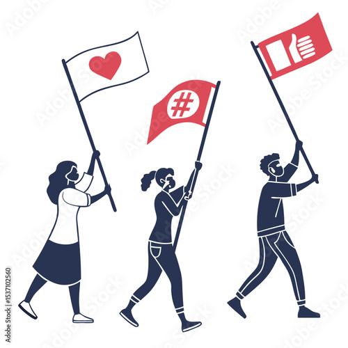 Vector Illustration of Diverse People Marching with Protest Flags Heart, Hashtag, and Hand Symbols