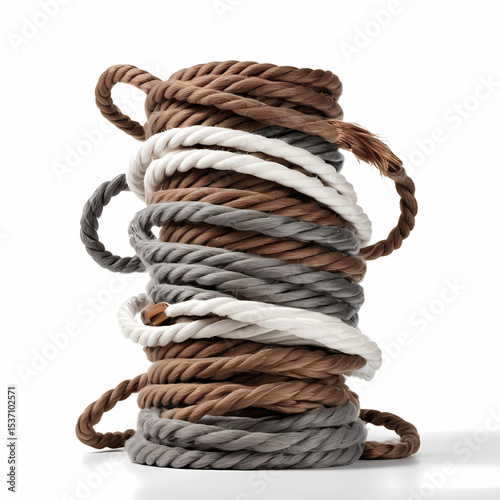 Severed Ropes Gray and Brown Twisted Cords Breaking Apart on White Background
