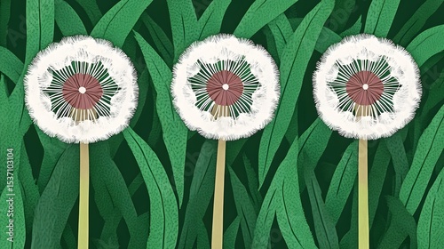 Three Dandelions in Green Grass Field Illustration