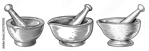 Vector Vintage mortar and pestle set illustrations in engraved style.