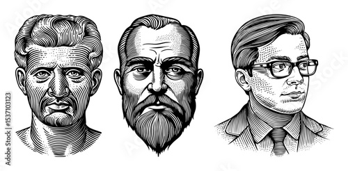 Vector Engraved portraits of three men showcase detailed vector style.