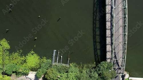 Berlin Spandau Aerial view of a riverside promenade with small boats docked along the edge