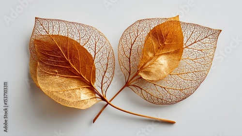 Two delicate, golden autumn leaves lying on a clean white background, minimalist and elegant.