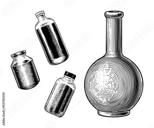 Vector Vintage glass bottles and flask in engraving style.