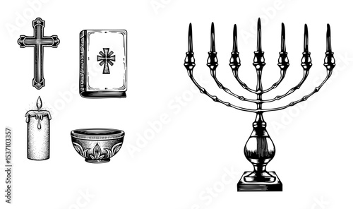 Vector Religious Symbols Collection: Cross Book Candle Bowl and Menorah