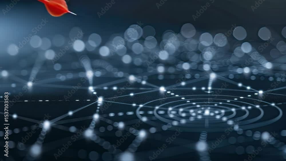 Hand positions a dart, aiming towards a network of illuminated dots, showcasing focus and technique in this intricate activity